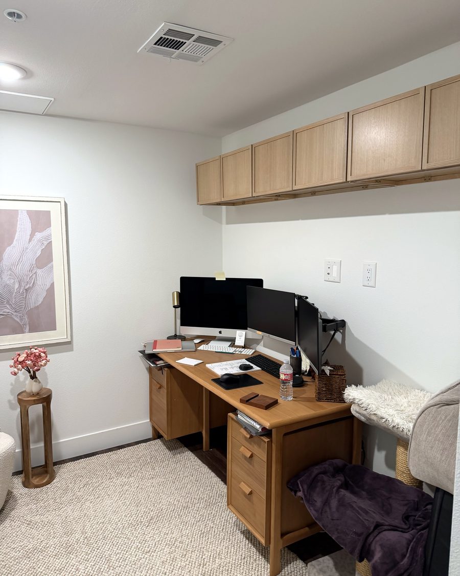 Accent wall + shelf lighting, before